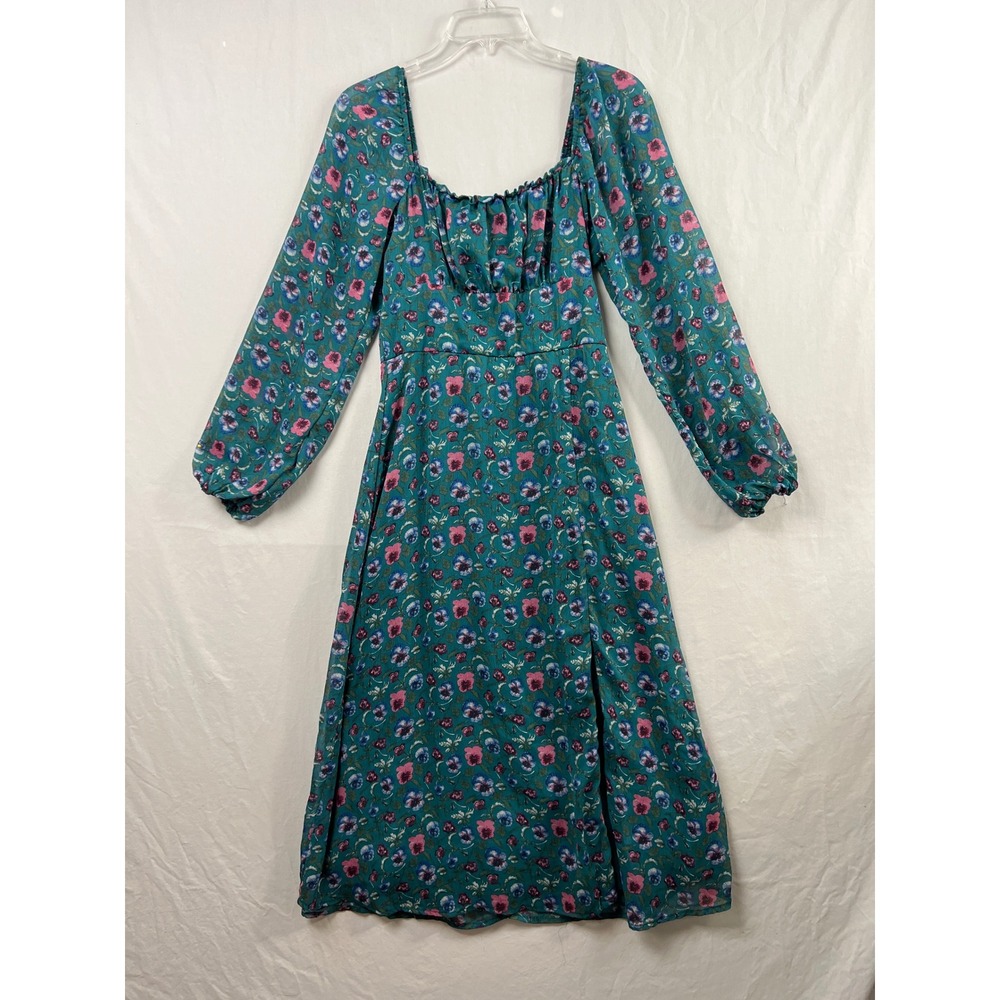 Mi Ami Francesca's Midi Dress Women Medium Milkmaid Teal Floral Long Sleeve Slit